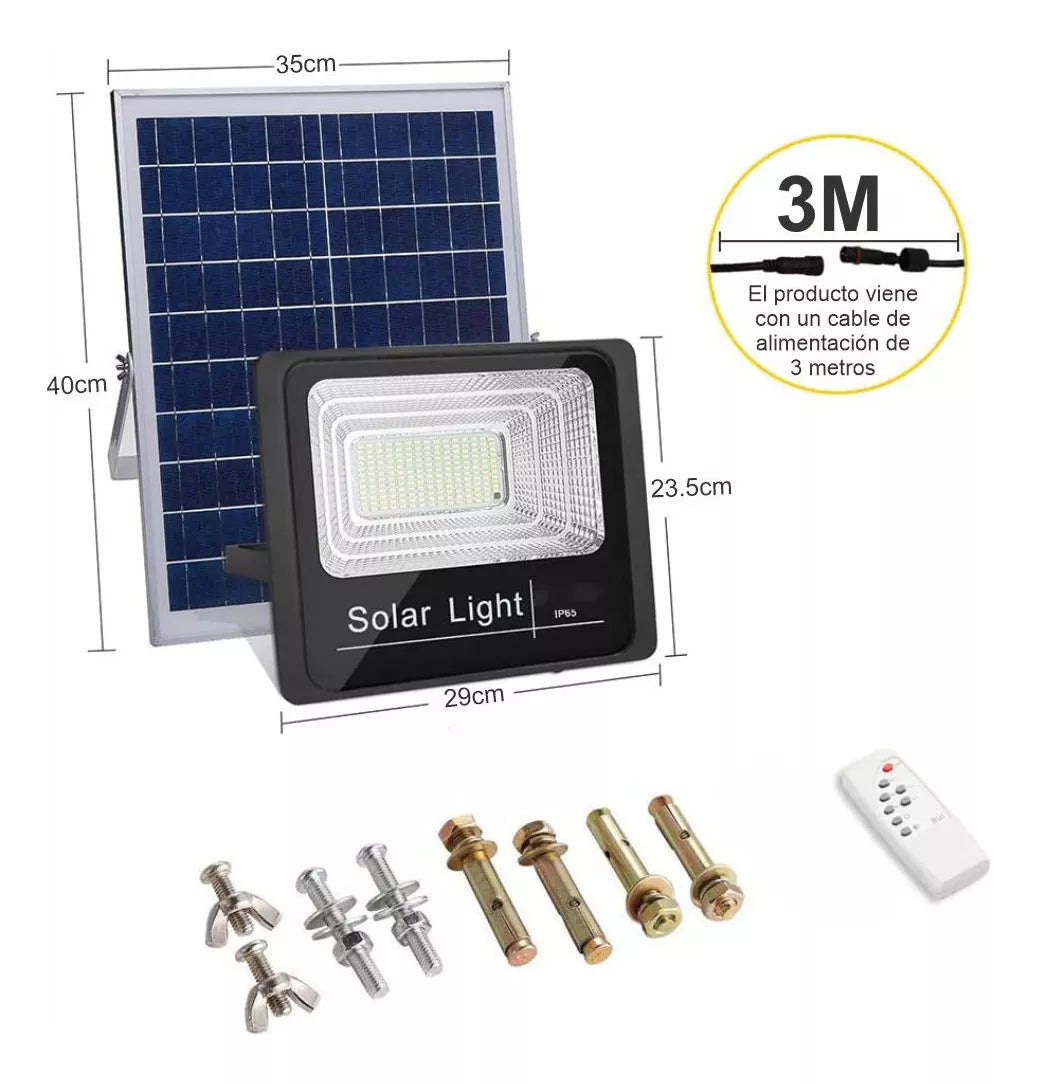 Reflector Solar 300w Lampara Led Panel Solar Control Remoto Carcasa Negro Luz Blanco Neutro