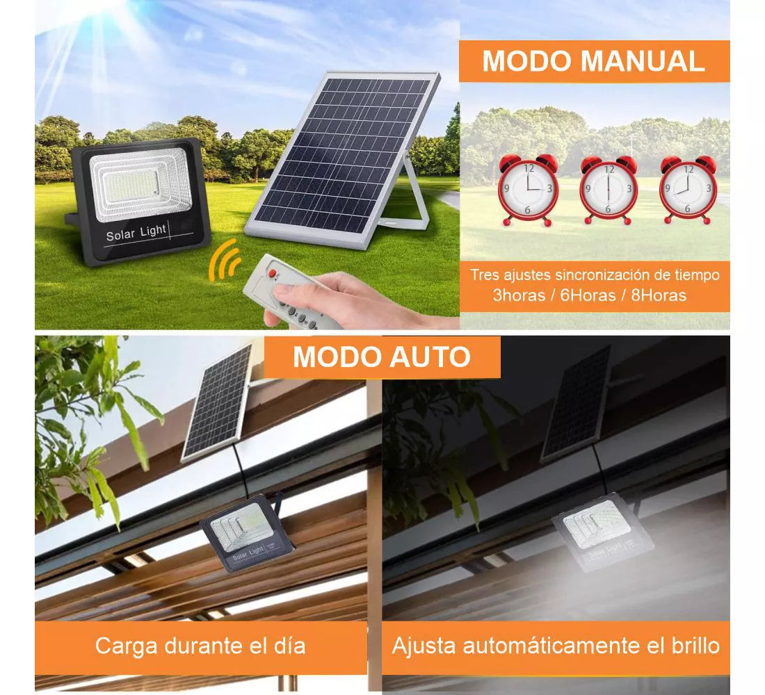 Reflector Solar 300w Lampara Led Panel Solar Control Remoto Carcasa Negro Luz Blanco Neutro